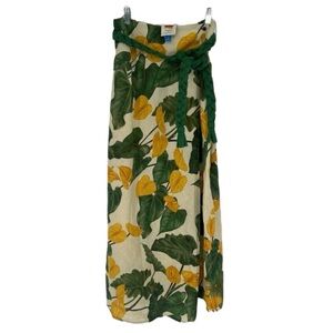 Farm Rio Yellow Green Botanical Linen Blend Braided Belt Wrapped Midi Skirt S